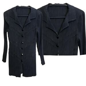 Pleats Textured Black Dressy Blouse S Longline Sparkling Beads Faceted Buttons